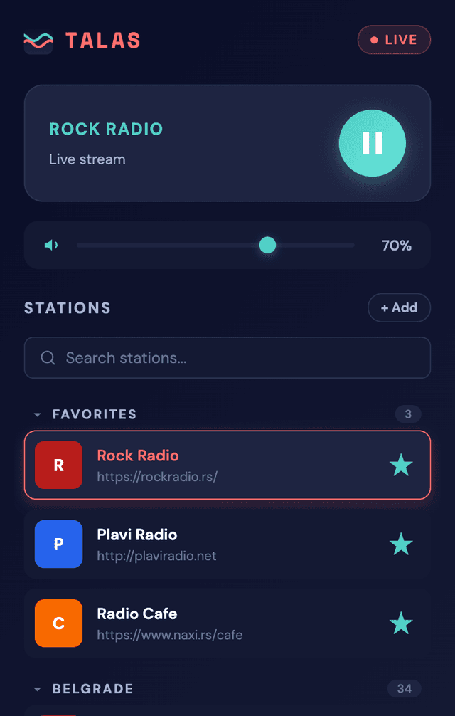 Talas popup — station list with Rock Radio playing